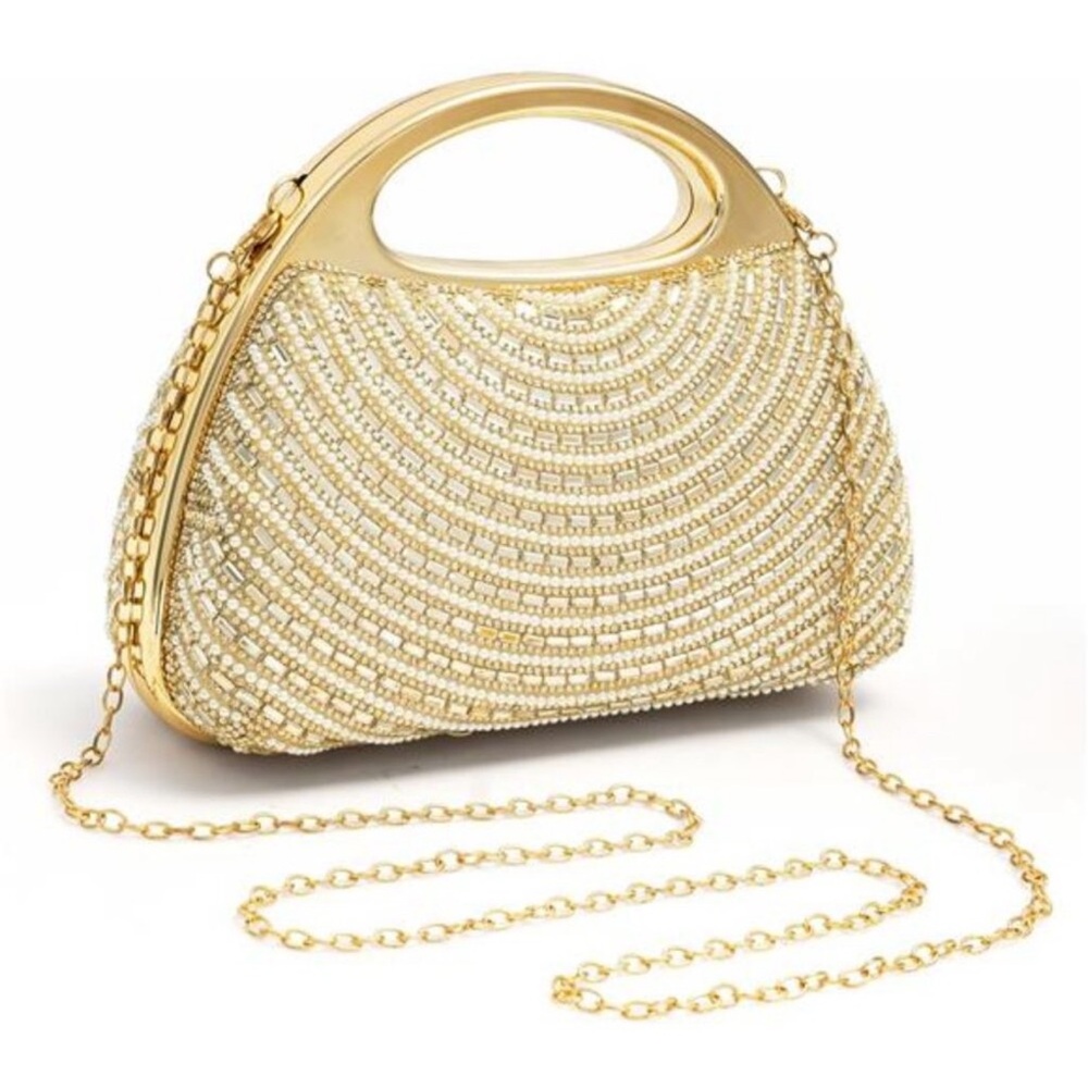 Golden Pearl Rhinestone Bow Flip Clutch for Women - Wedding Prom Cocktail Bag: